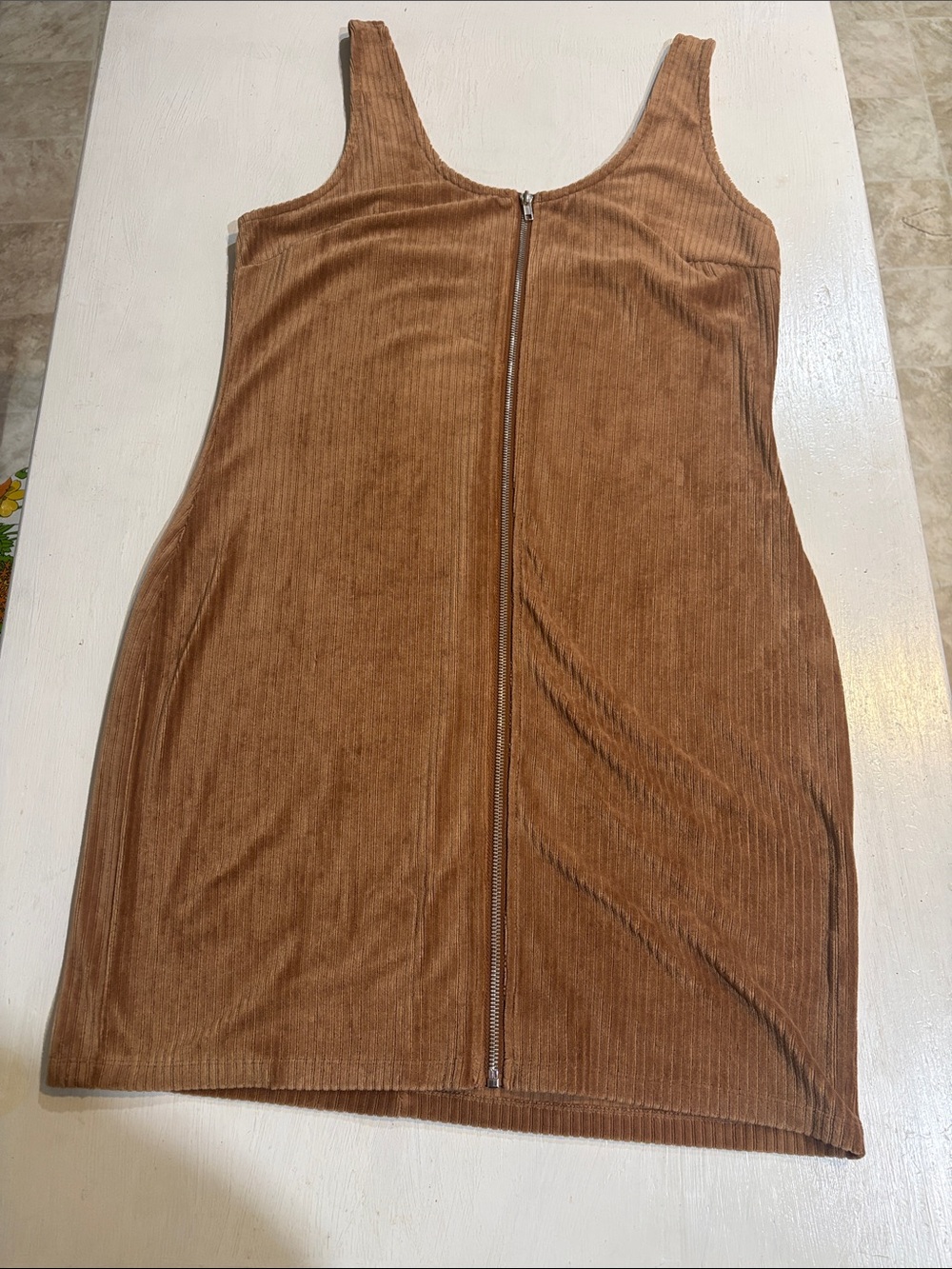 Soft Ribbed Front Zipper Bodycon Brown Dress